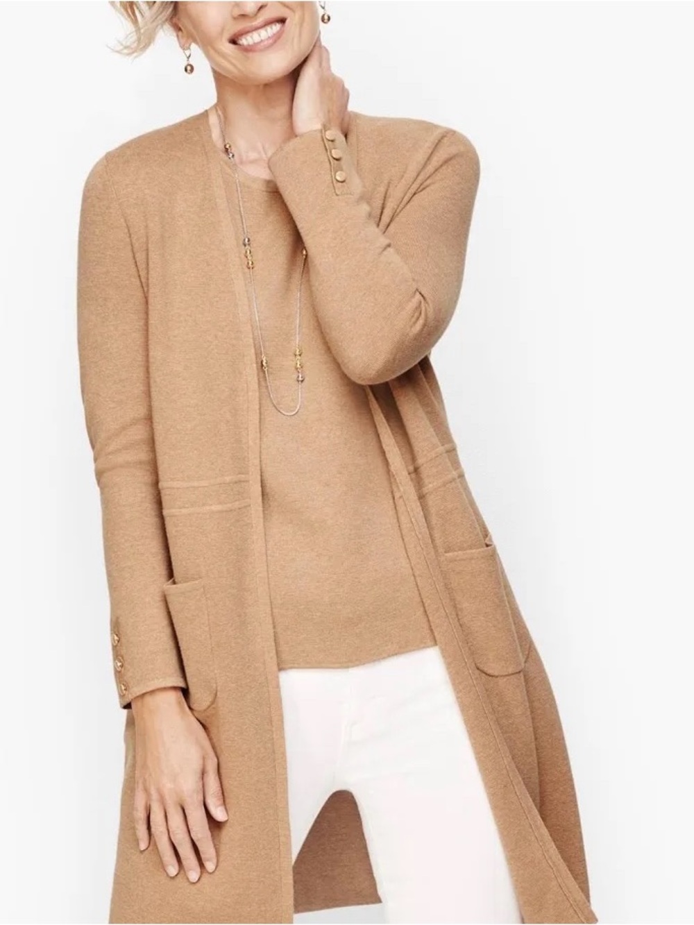 Talbots Camel Open-Front Longline Cardigan
